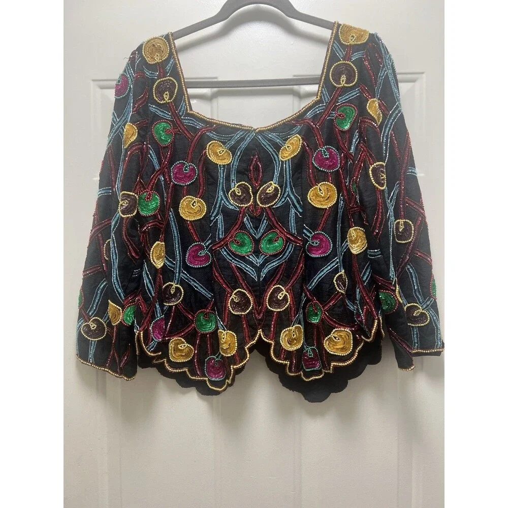 VTG Beaded Silk Beaded Sequin Scallop Hem Festival Shirt Top Sz M Bling Boho - Picture 4 of 6